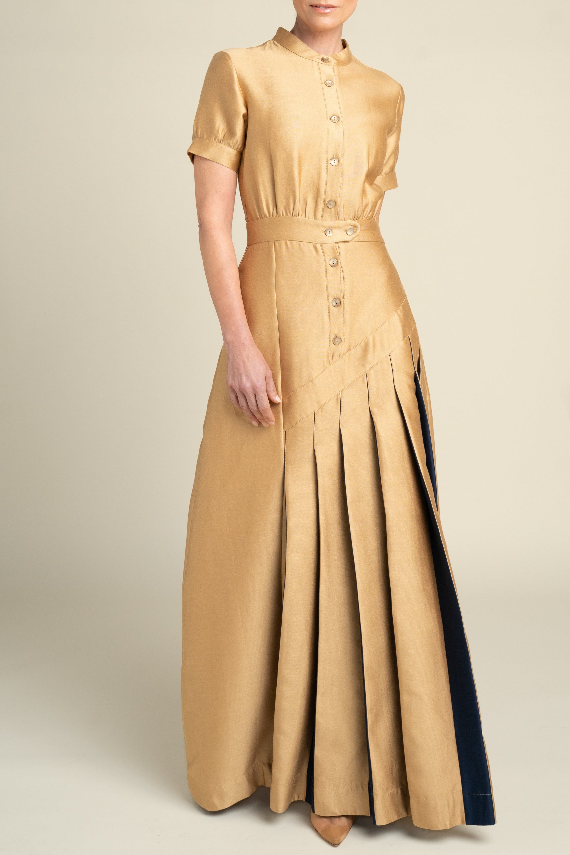 ELLA — Asymmetrical Pleated Dress Golden Sand/Deep Ocean / 6