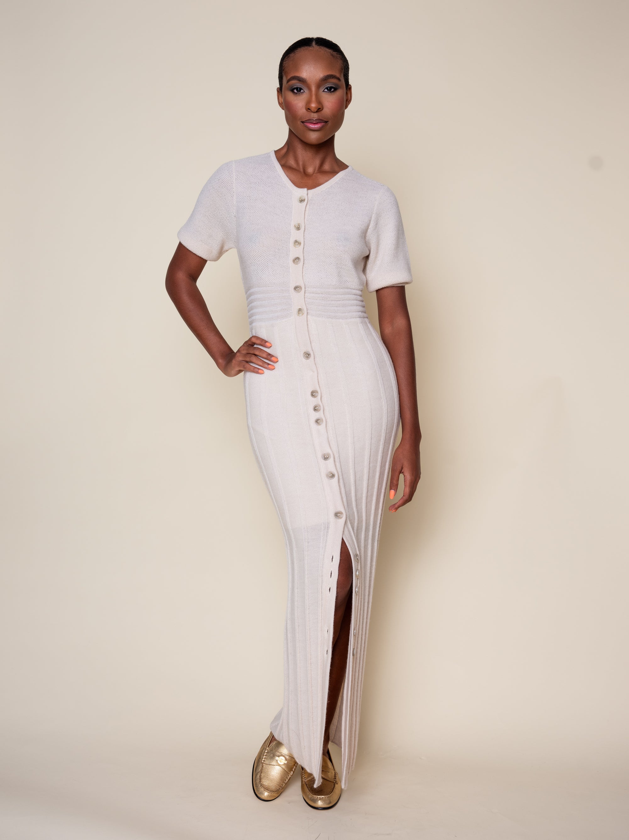 ribbed button down dress Meli Women's Button Down Ribbed Maxi Dress Long Sleeve Knit Gown - Size L