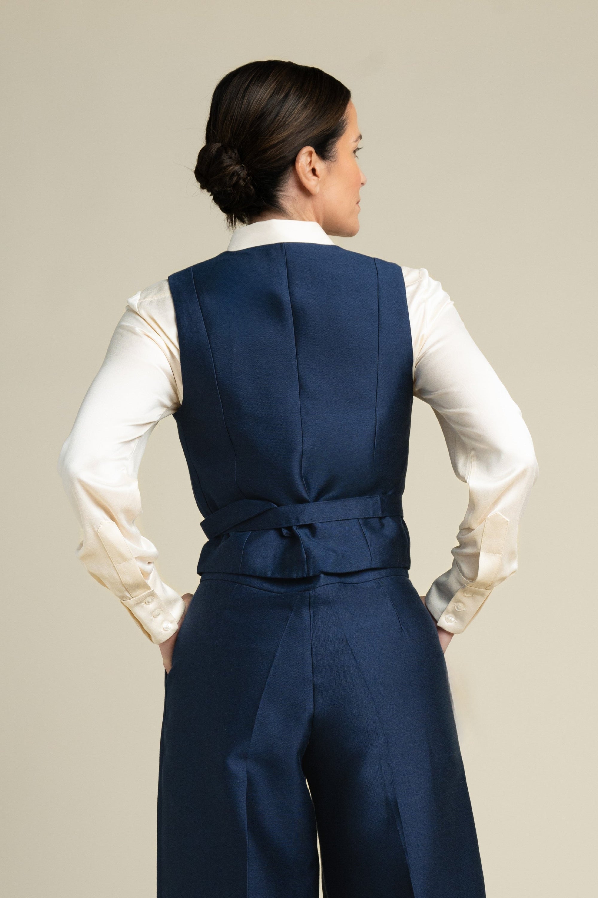 cotton silk vest in deep blue. sophisticated workwear. luxury vest/clothes for work. 